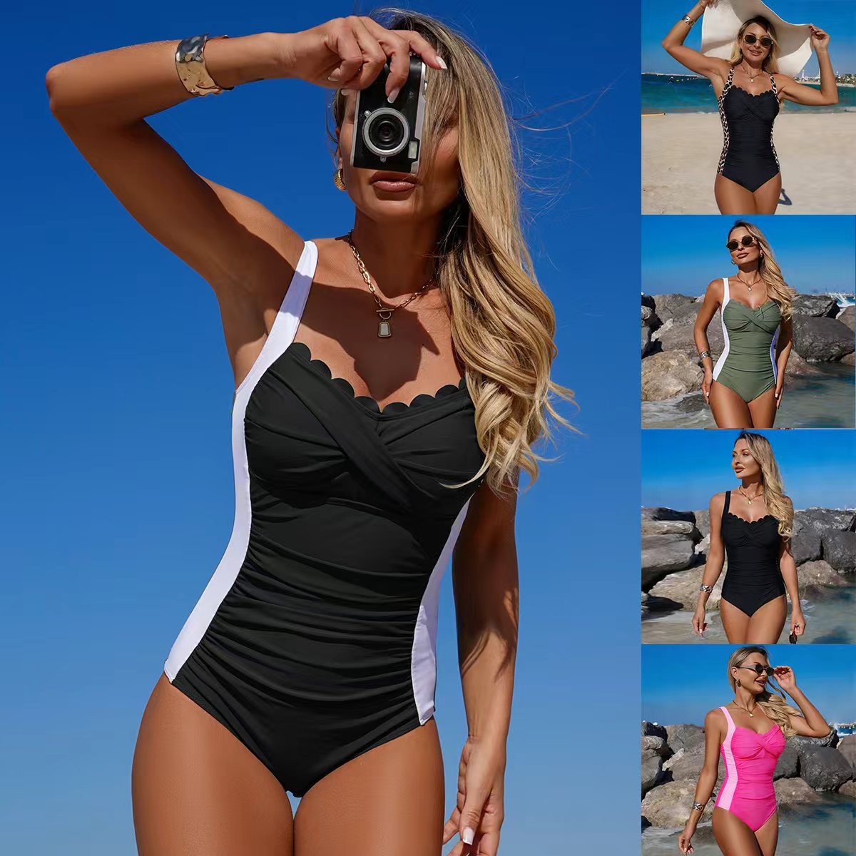 Swimsuit Bikini Ruched - Black Swimsuit Scalloped Neckline Twisted Front