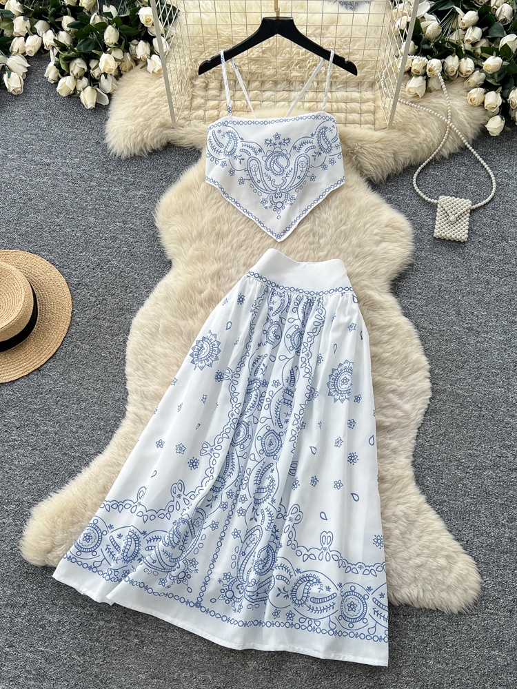 Maxi Dress Halter - Summer Floral Embroidery Two-Piece Set Women's