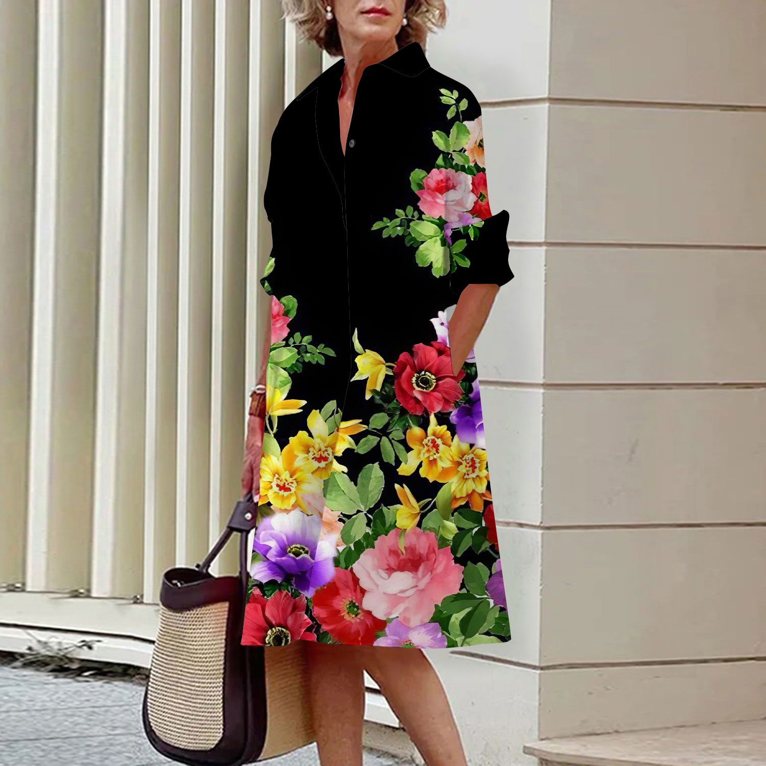 Midi Skirt Floral - Floral Pattern Shirt Dress Elegant Women's