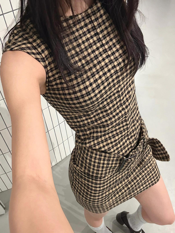 Linen Dress Wrap - Retro Korean Plaid Slimming Vest Dress