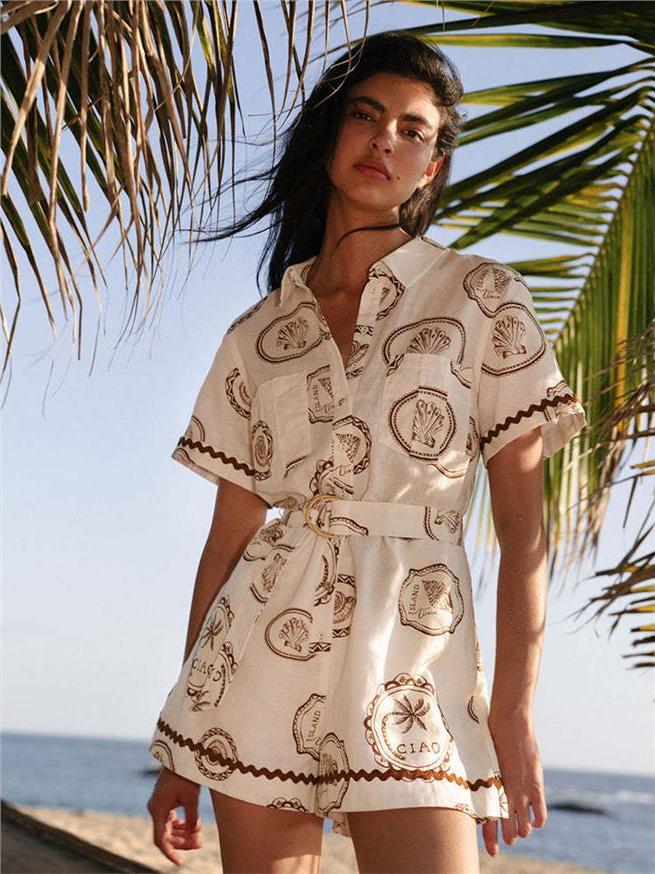 Linen Dress Wrap - Elegant Floral Print Linen Wrap Shirt