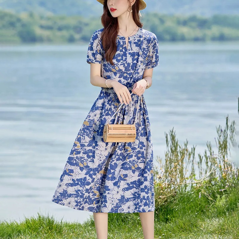 Midi Skirt Floral - Women's Summer Linen Blend Floral Dress