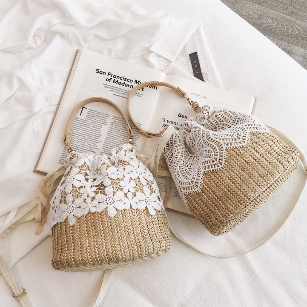 Tote Bag Beach - Vintage Lace Straw Shoulder Bag Bohemian