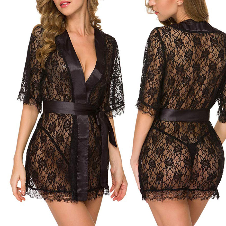 Kimono Sheer Floral - Floral Lace V-Neck Lingerie Nightgown for