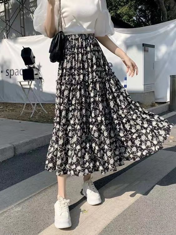 Midi Skirt Floral - Floral Print A-Line Midi Skirt plus