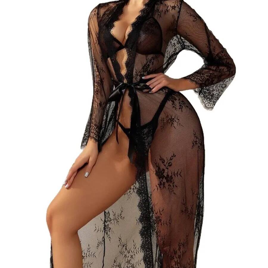 Black Lace Sheer Long Robe For - Kimono Sheer Floral recension och pris
