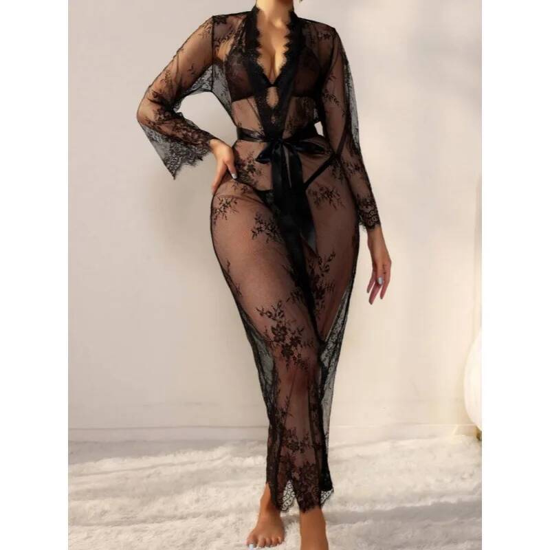 Black Lace Sheer Long Robe For - Kimono Sheer Floral recension och pris