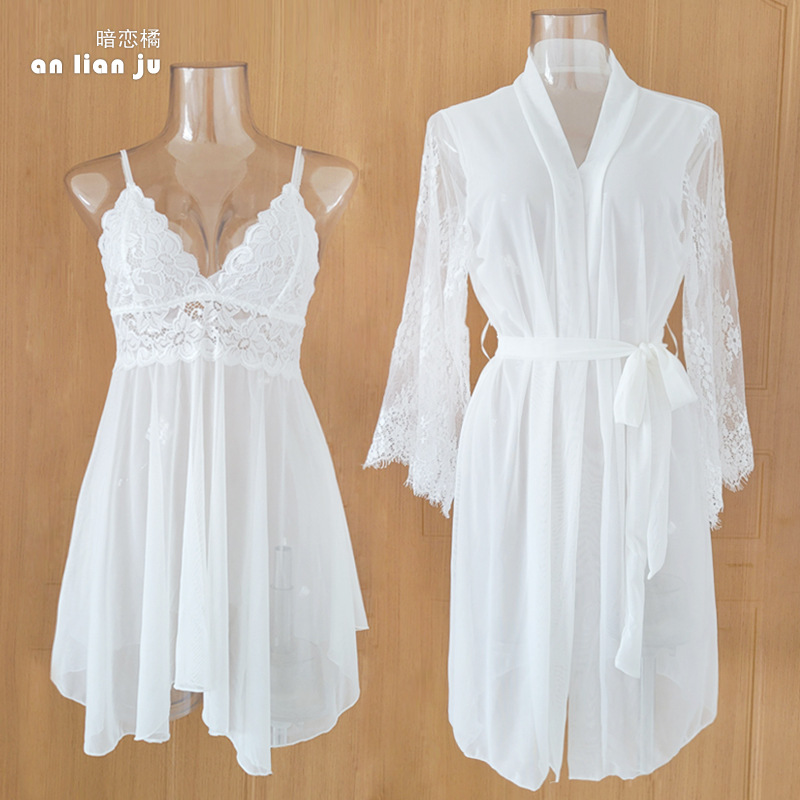 Women White Nightwear Set Flor - Kimono Sheer Floral recension och pris