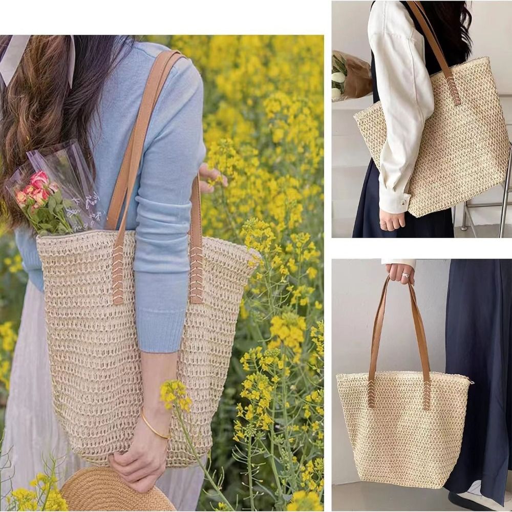 Fashion Solid Color Weave Stra - Tote Bag Beach recension och pris