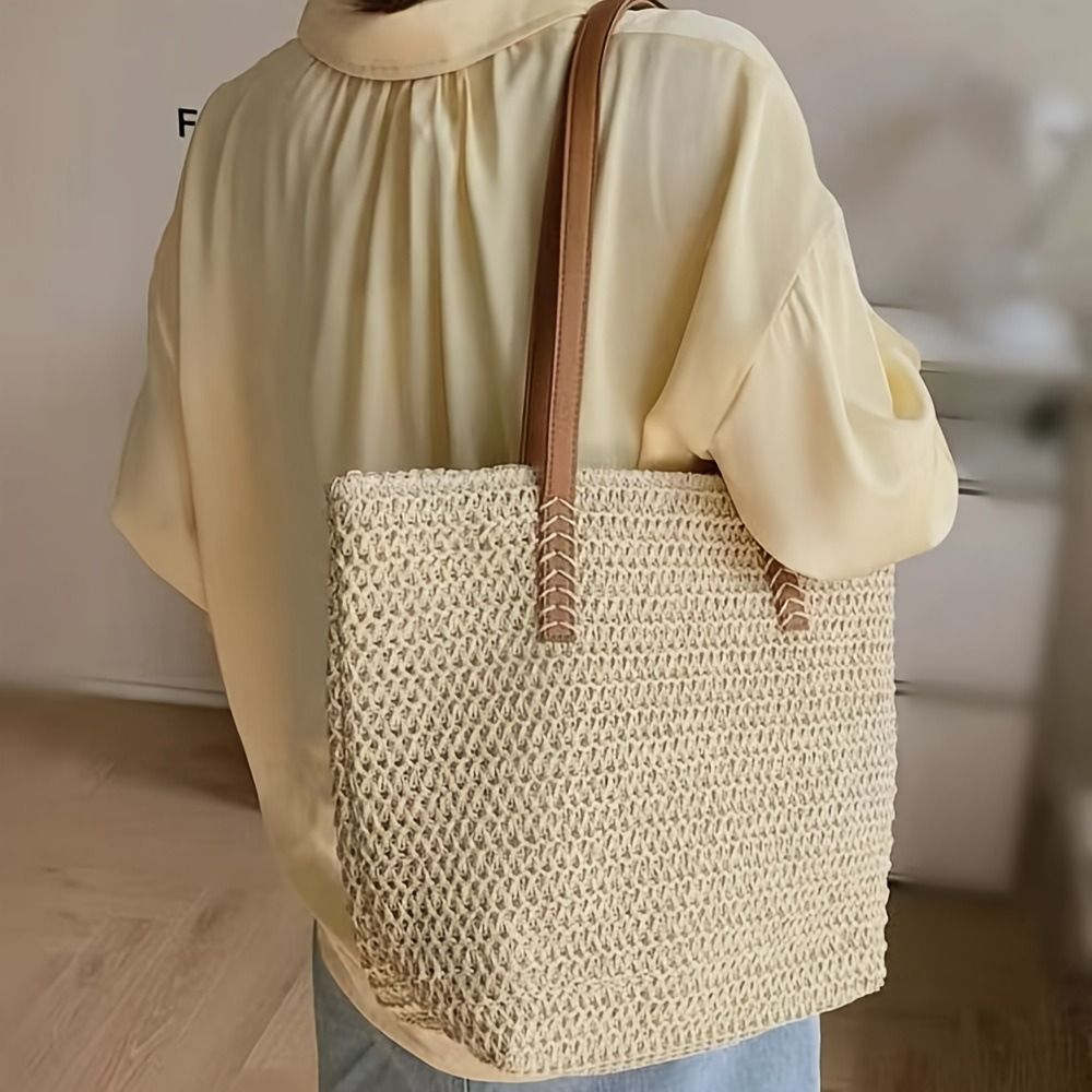 Fashion Solid Color Weave Stra - Tote Bag Beach recension och pris