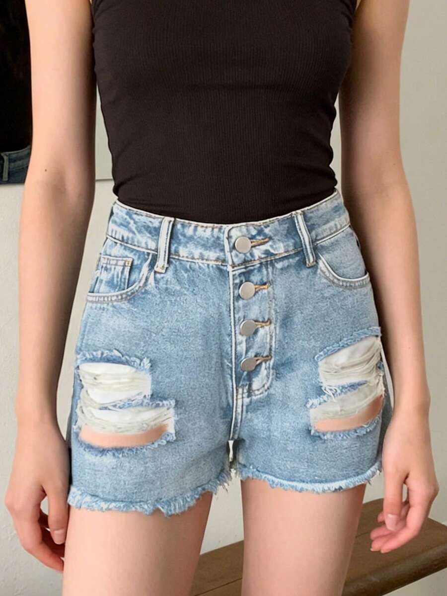 Womens Mid-Rise Distressed Fra - Shorts Denim Frayed recension och pris