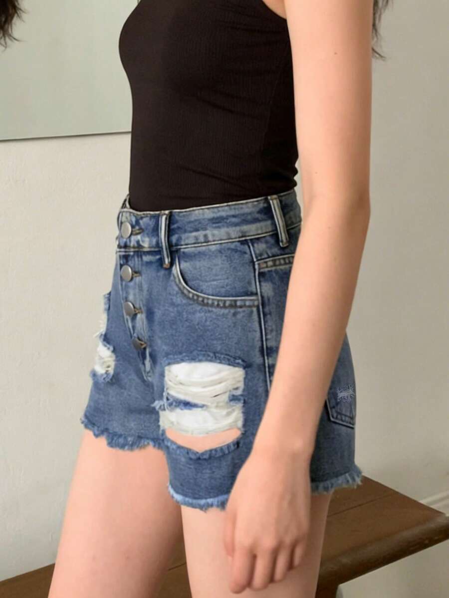 Womens Mid-Rise Distressed Fra - Shorts Denim Frayed recension och pris