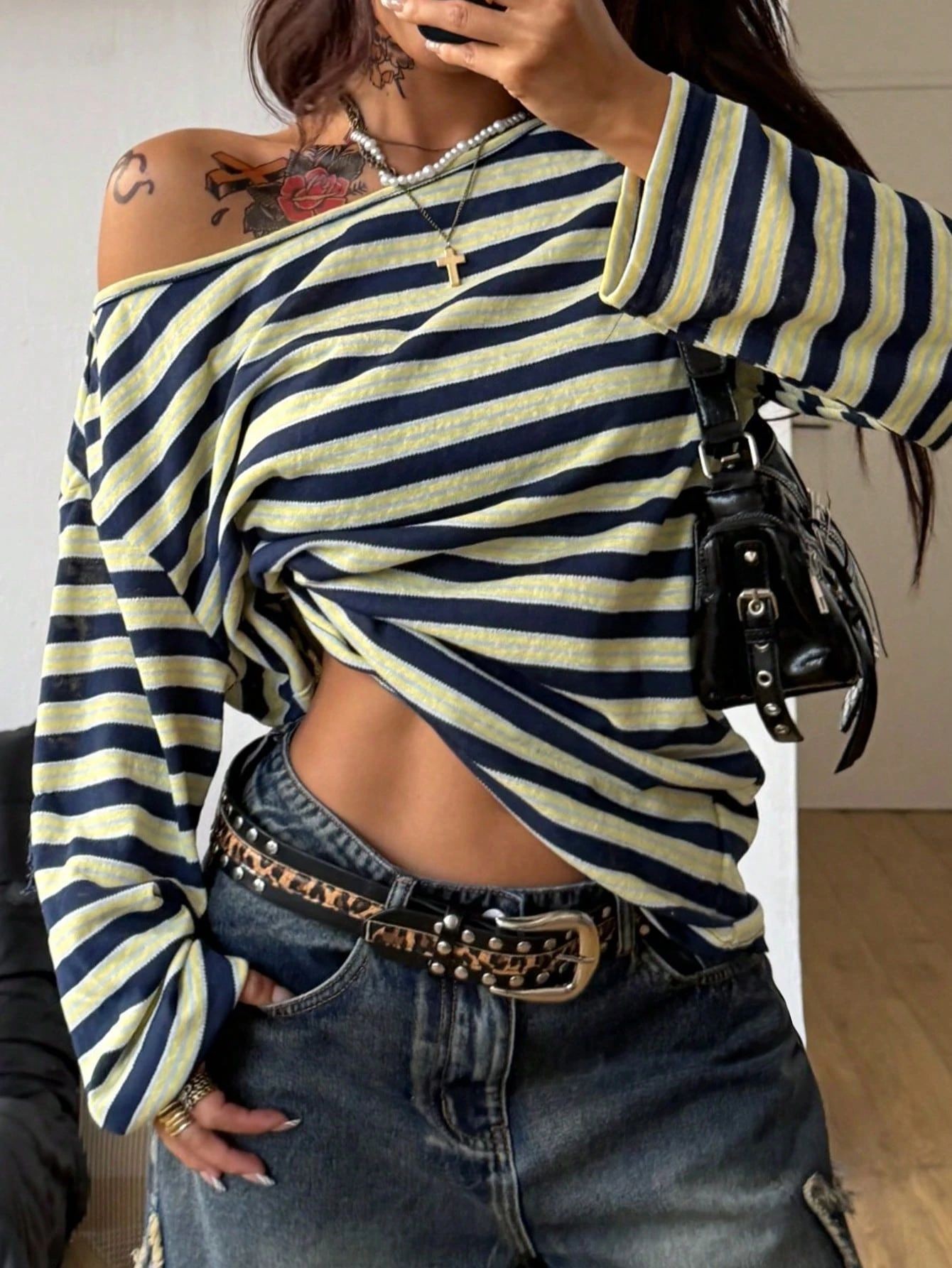 Women's Oversized Striped Blue - Blouse Off Shoulder recension och pris