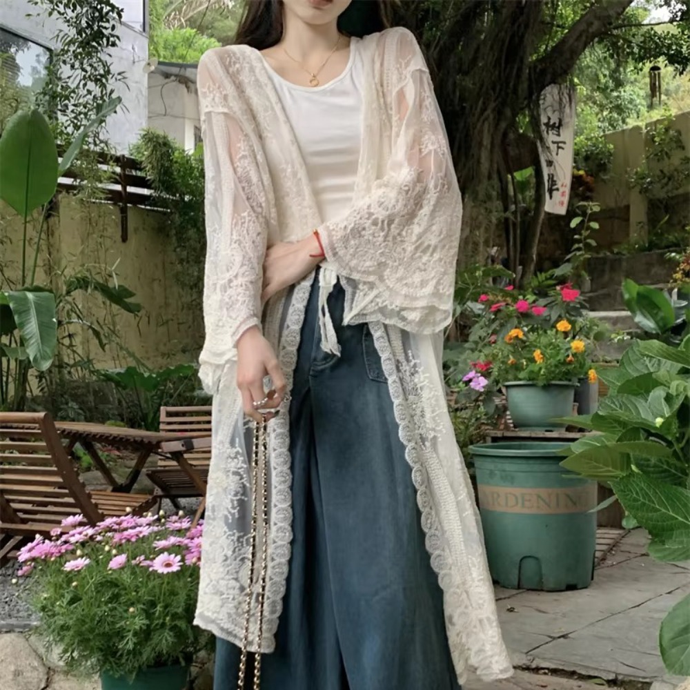 Lightweight Lace-Up Lace Blous - Kimono Sheer Floral recension och pris