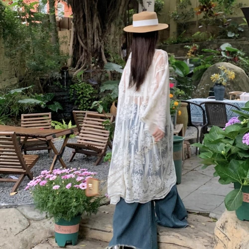 Lightweight Lace-Up Lace Blous - Kimono Sheer Floral recension och pris