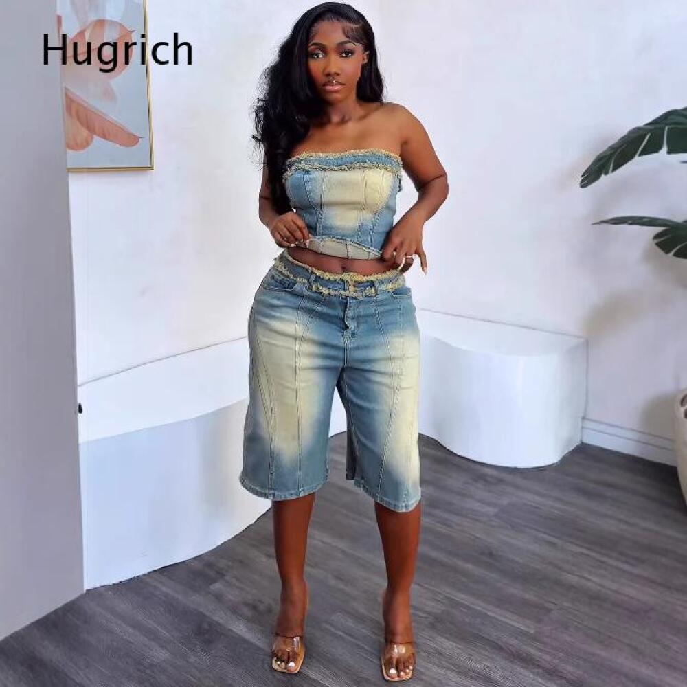 Ladies Washed Strapless Crop T - Shorts Denim Frayed recension och pris