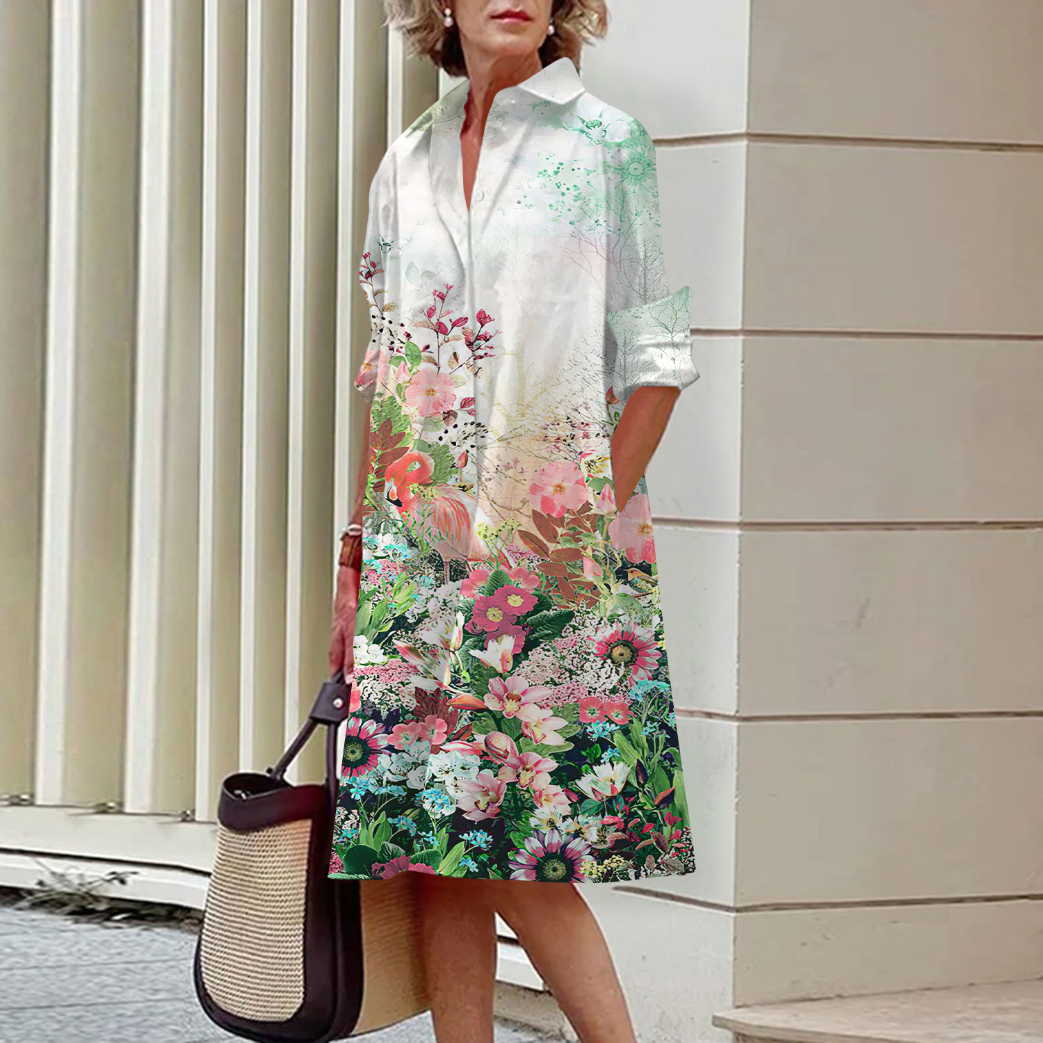 Floral Pattern Shirt Dress Ele - Midi Skirt Floral recension och pris