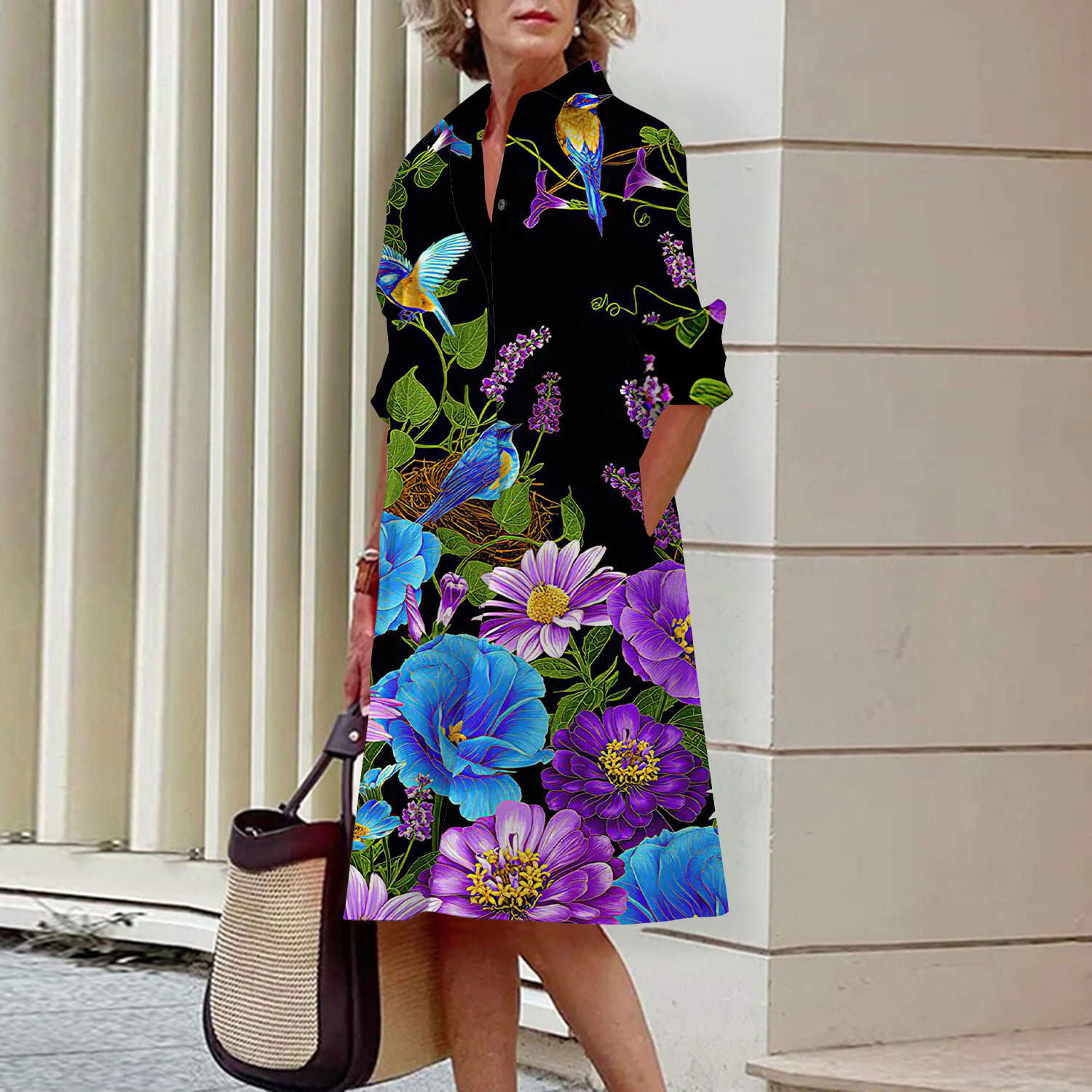 Floral Pattern Shirt Dress Ele - Midi Skirt Floral recension och pris