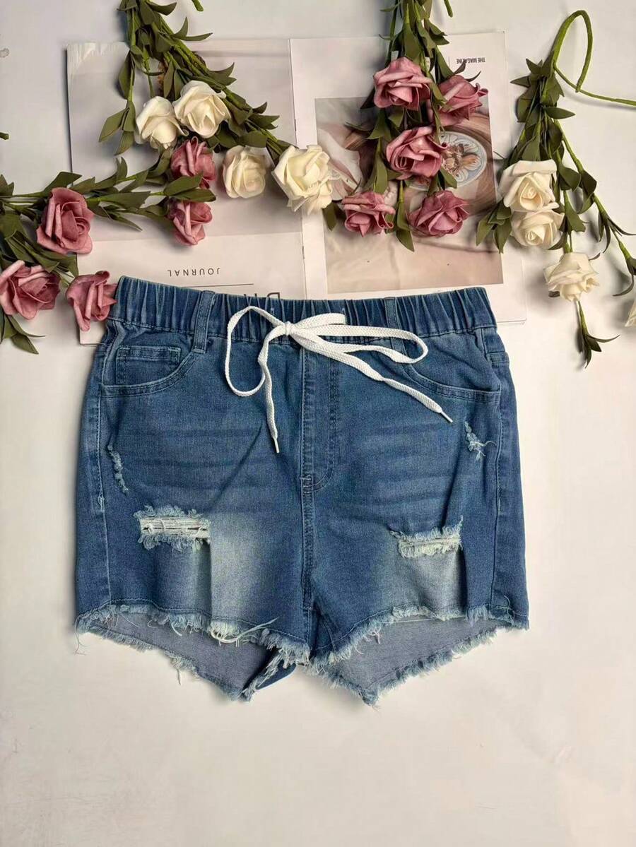 Womens Elastic Waist Frayed He - Shorts Denim Frayed recension och pris