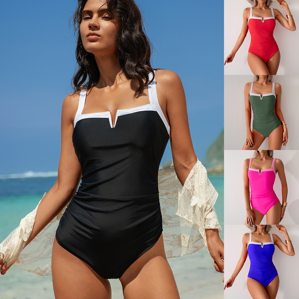 Black Swimsuit V Neck Red Biki - Swimsuit Bikini Ruched recension och pris
