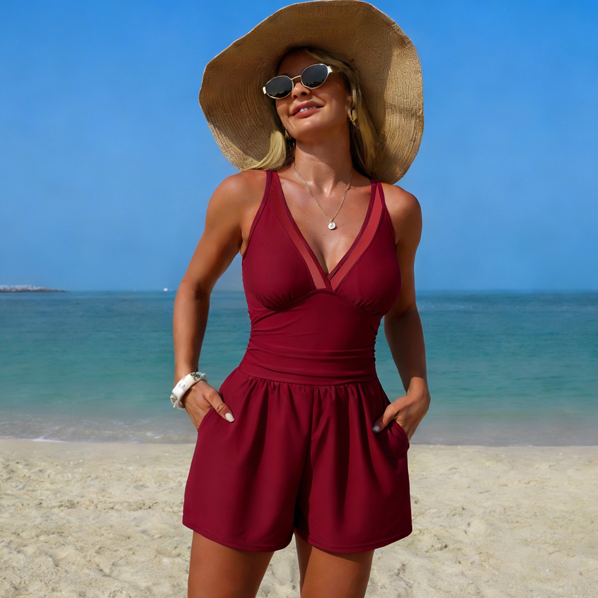 Black Solid Color Sleeveless V - Swimsuit Bikini Ruched recension och pris