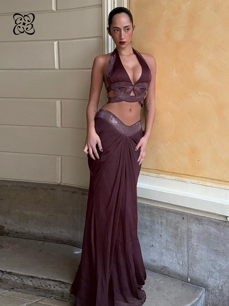 Dark Brown Rhinestone Two Piec - Maxi Dress Halter recension och pris