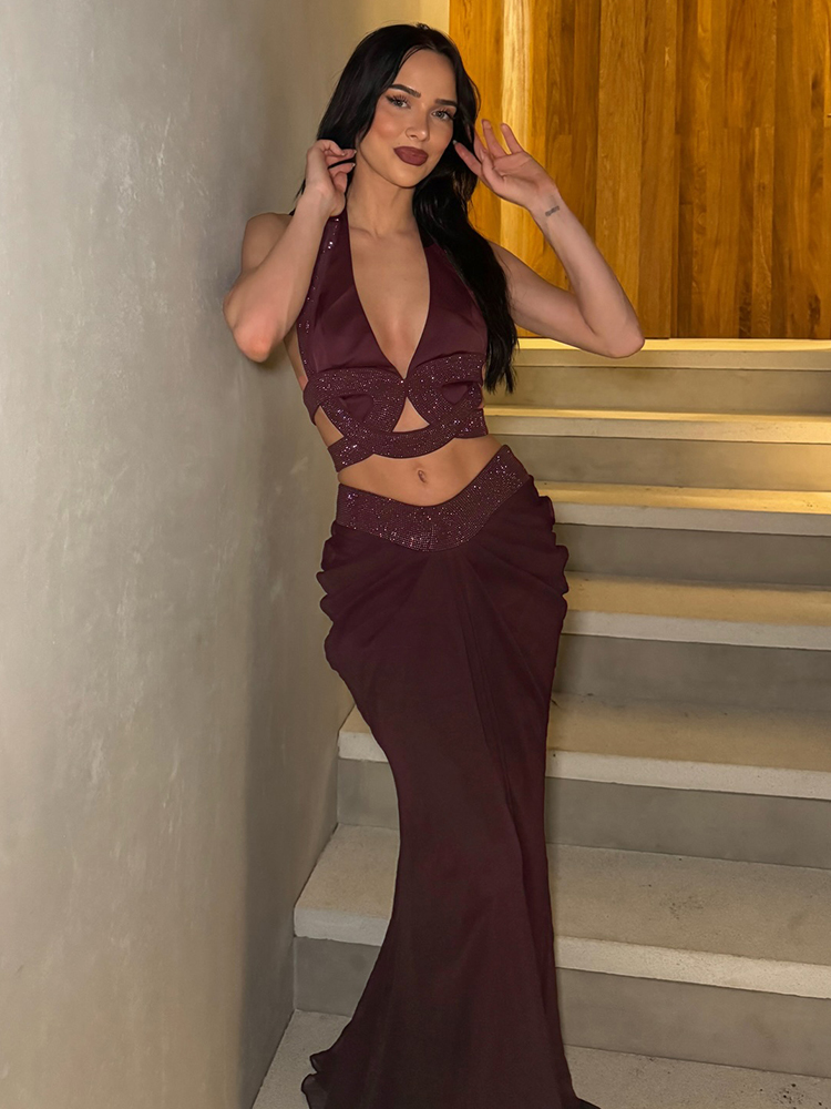 Dark Brown Rhinestone Two Piec - Maxi Dress Halter recension och pris