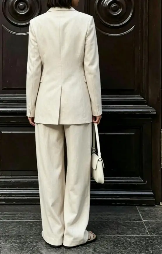 Women Beige Linen Lapel Blazer - Linen Pant Wide recension och pris