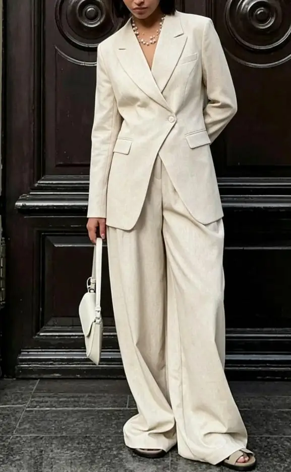 Women Beige Linen Lapel Blazer - Linen Pant Wide recension och pris