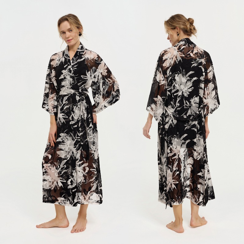 Women Black White Ink Floral S - Kimono Sheer Floral recension och pris