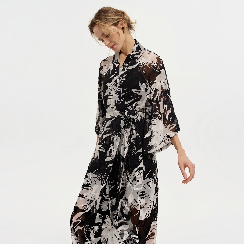 Women Black White Ink Floral S - Kimono Sheer Floral recension och pris